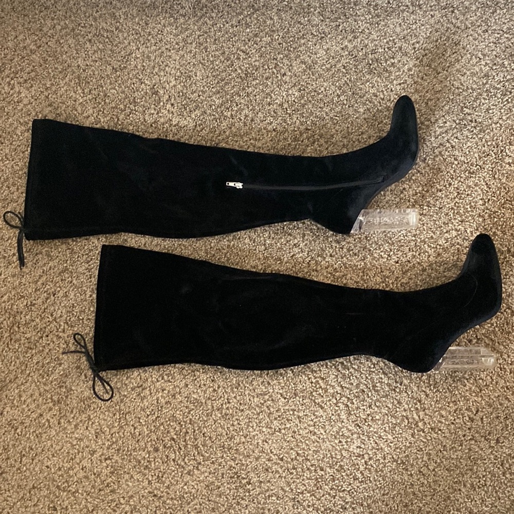 Black knee high boots. Clear heel. size 8.5